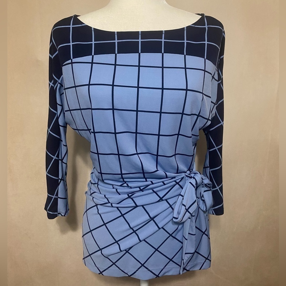 New York & Company women's S windowpane waist tie 3/4 sleeve blouse EUC